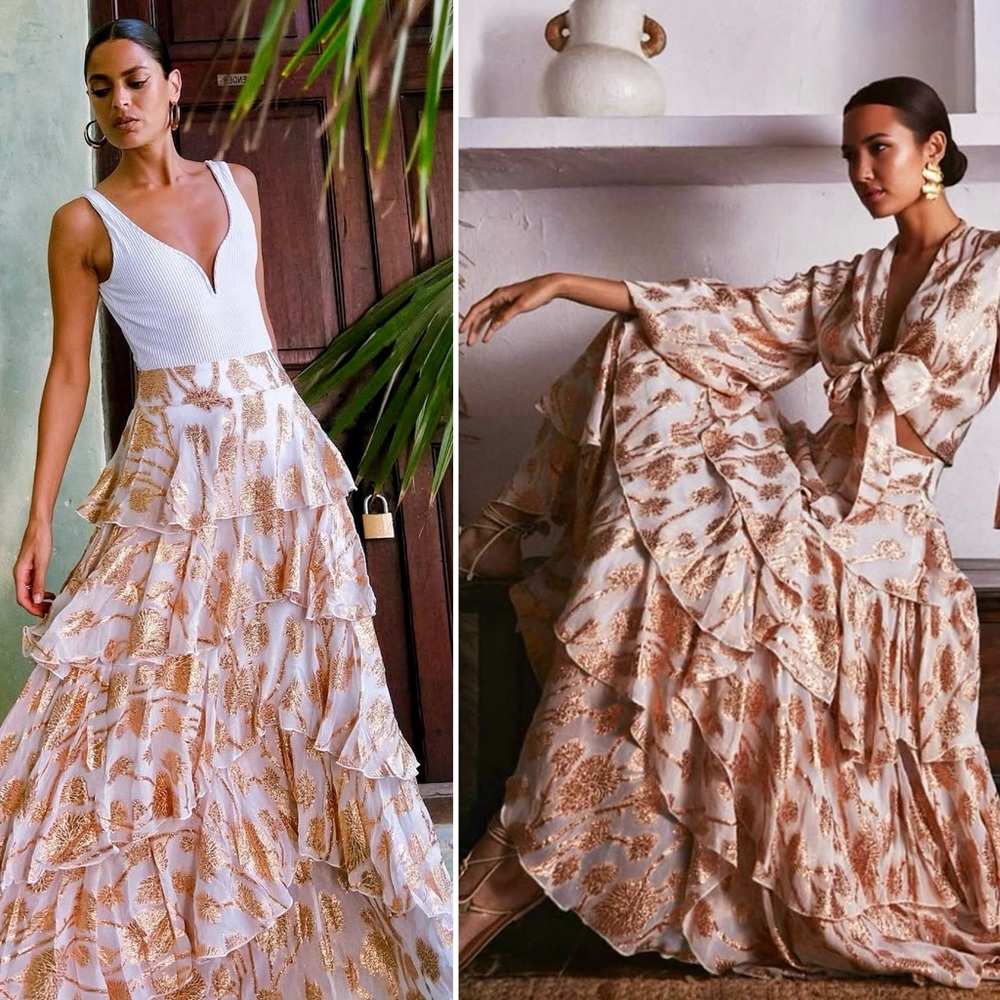 Alexandra Miro Cordelia Tiered Ruffle Maxi Skirt Gold Metallic Floral Large L